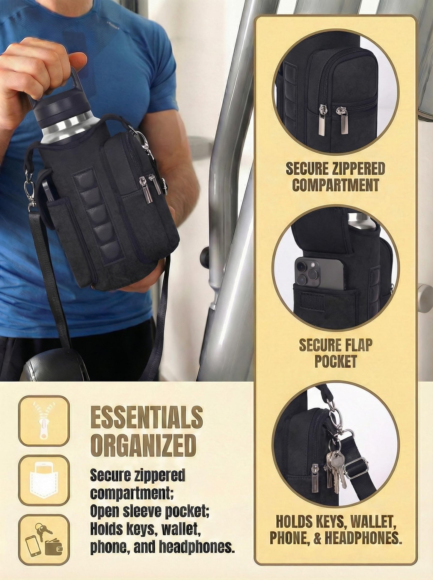 AORTDES Magnetic Gym Bag Water Bottle Holder for 18-40 oz Bottles, Neoprene Pouch with Phone Pockets, Workout Gym Accessories for Men Women,Small Gym Bag Essentials (Industrial Black)