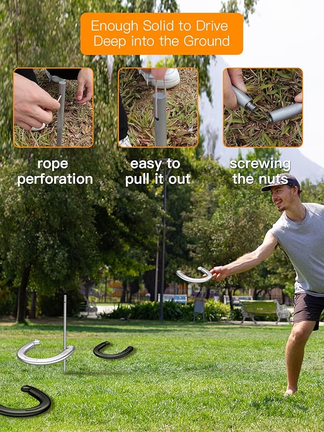 NQV Horseshoe Outside Game,Horse Shoe Game Kit,Horseshoe Set on Lawn Beach Soil Outdoor Backyard Adults. 4 Traditional Heavy Duty Forged Steel Horseshoes Regulation Size+2 Forged Steel Stakes+1 Bag