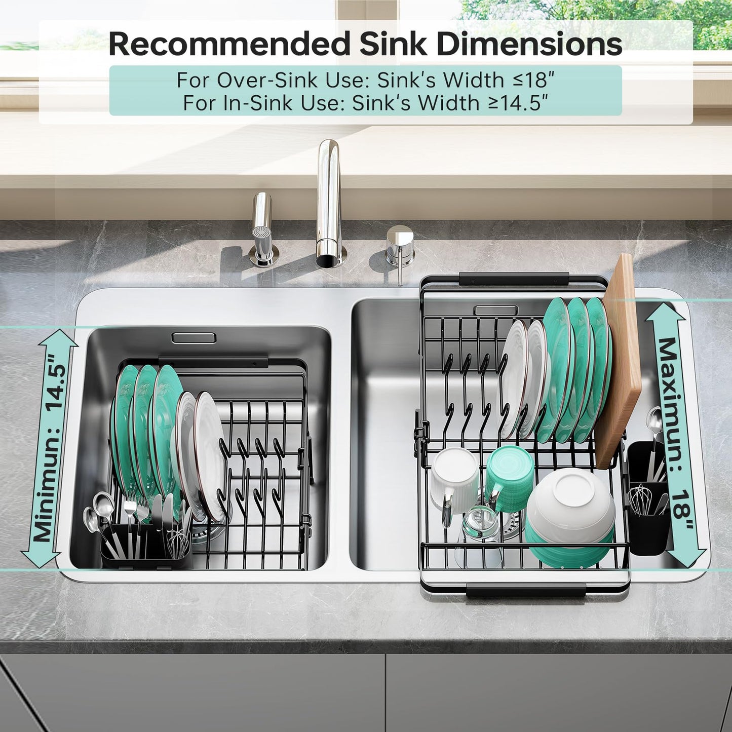 Urackify Dish Drying Rack in Sink - Expandable (14.5''-18''L) Over The Sink Dish Rack with Utensil Holder, Space-Saving Dish Drainer for Kitchen Counter, 1 Piece, Matte Black