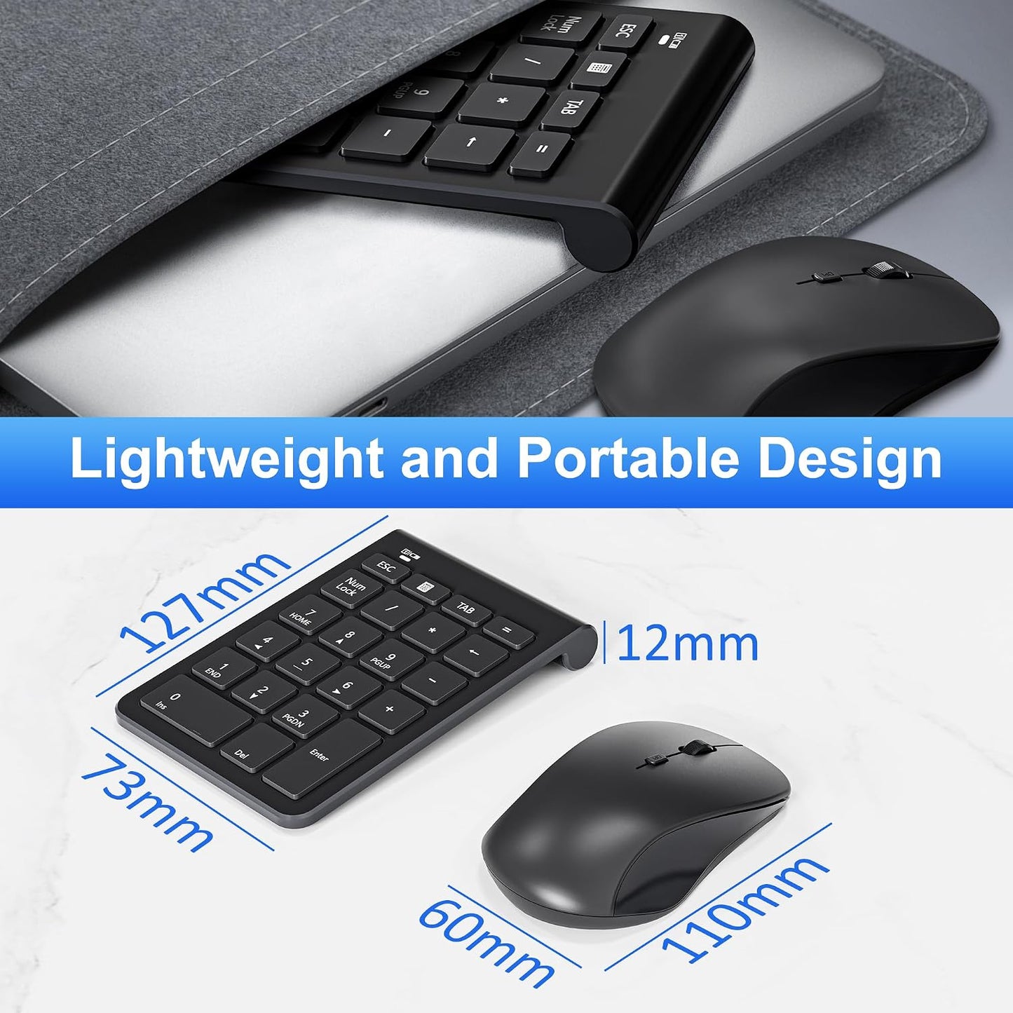 Rytaki 22 3 Set, 2.4GHz Wireless Number Pad and Mouse, Keys USB Keypad and Adjustable DPI Silent Mouse Numeric Pad