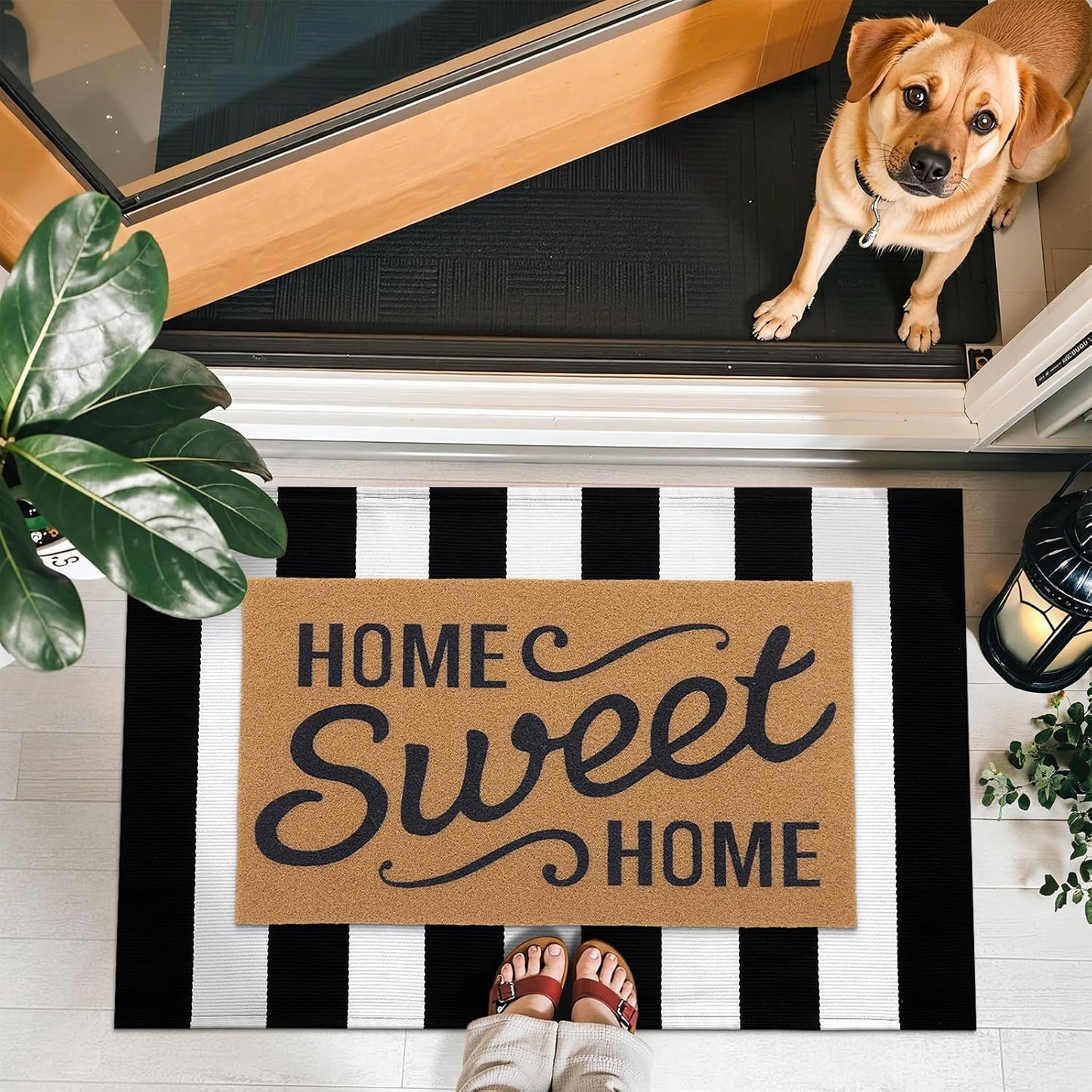 OLANLY Striped Rug - Washable Black and White Cotton Doormat | 2'4" x 3'7" for Indoor/Outdoor Use