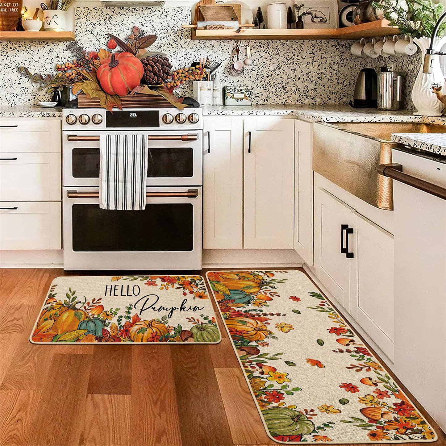 Baccessor Fall Pumpkins Kitchen Rugs Set of 2,Thanksgiving Autumn Pumpkins Floral Leaves Low-Profile Non Slip Absorbent Kitchen Mats for Floor Farmhouse Home Decor 17x29 and 17x47 Inch