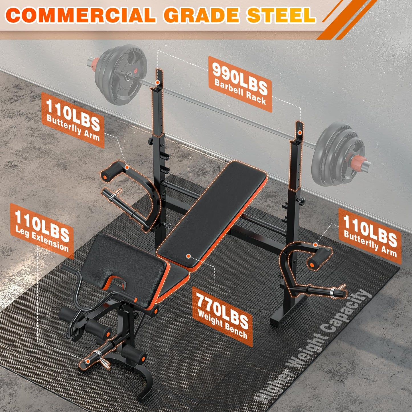 XDDIAS Bench Press, 6 IN 1 Olympic Weight Bench With Leg Extension, Curl and Squat Rack, 770LBS Multi Weight Benches for Home Gym, Workout Bench Flat Incline Lifting Bench for Strength Training
