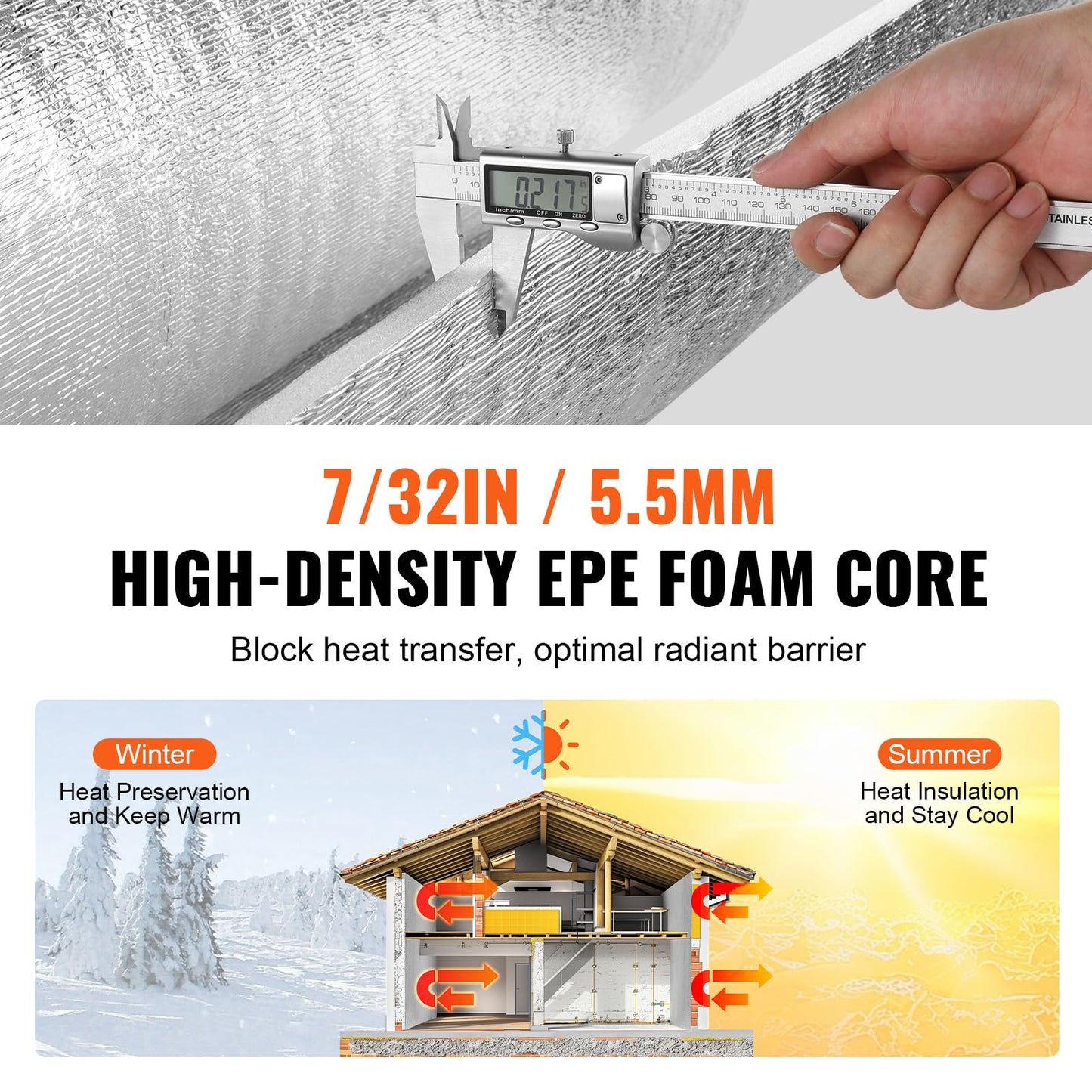 VEVOR Double Reflective Insulation Roll, Foam Core Radiant Barrier, 5.5mm 48 in x 50 ft, Double-Sided Aluminum Foil EPE Foam Heat Reflective Shield, Thermal Insulation Roll for Window RV Roof