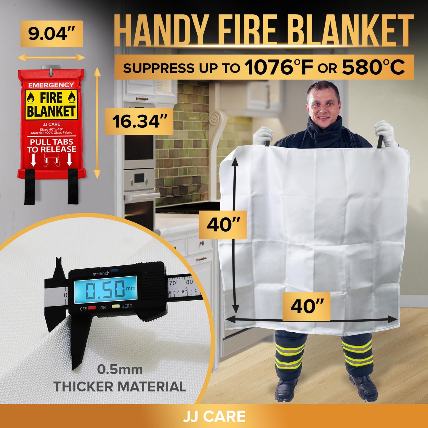 JJ CARE Fire Blanket – 14 Packs with Hooks and Gloves – 40"x40"-Emergency Fire Blanket for Home & Kitchen, High Heat Resistant Fire Suppression Blankets for Home Safety, Kitchen, and Camping