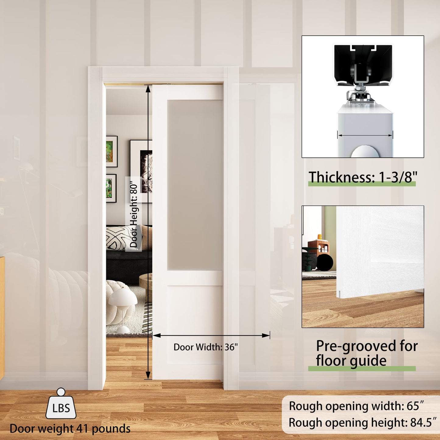 JUBEST Pocket Door 36"x80", 2-Panel Tempered Frosted Glass Sliding Pocket Door with Soft Close Hardware Kit, Sturdy Solid Wood & MDF with Water-Proof PVC Surface, White