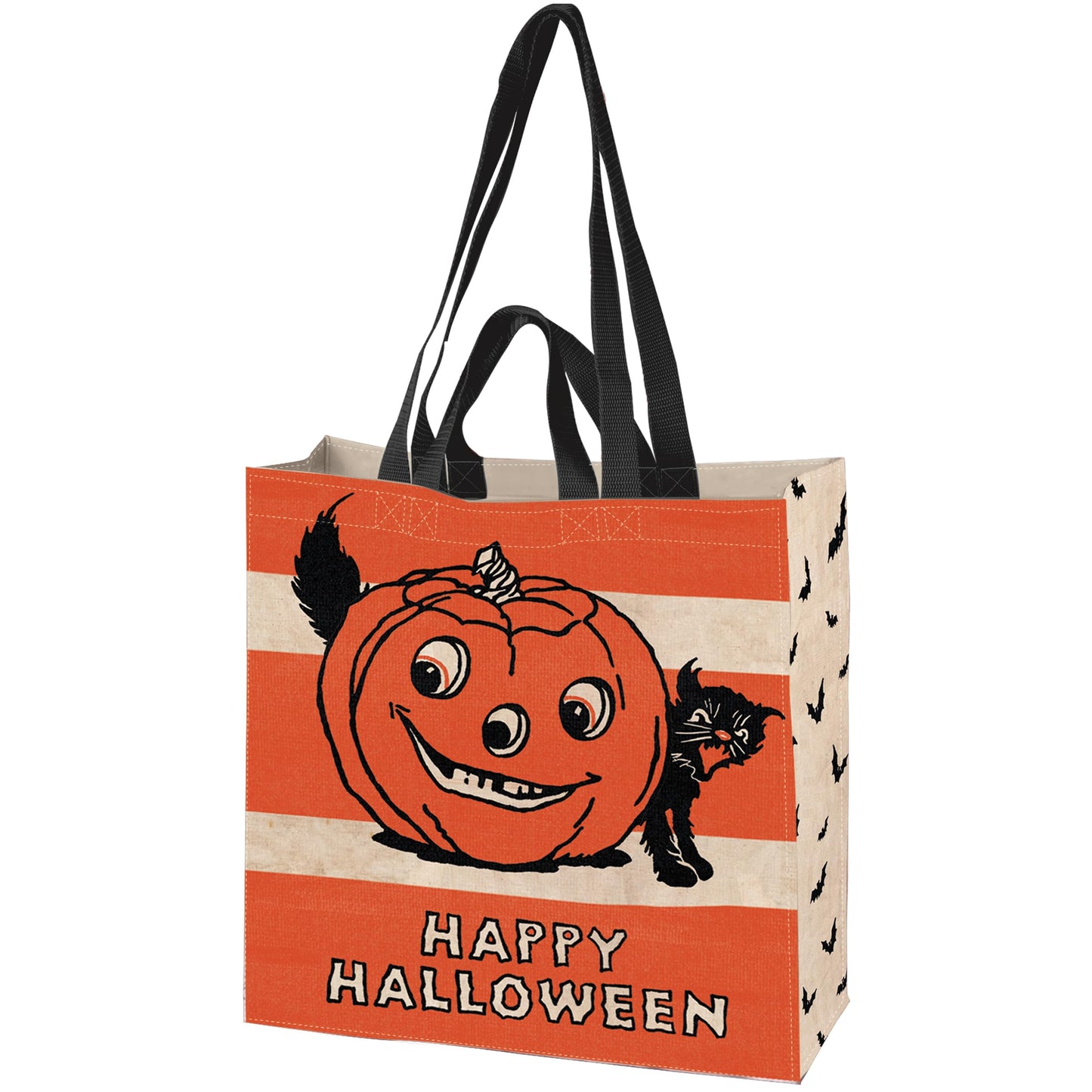Primitives by Kathy double-sided market tote from our Halloween Collection displaying a vintage design of a jack o'lantern and black cat above a "Happy Halloween" sentiment.