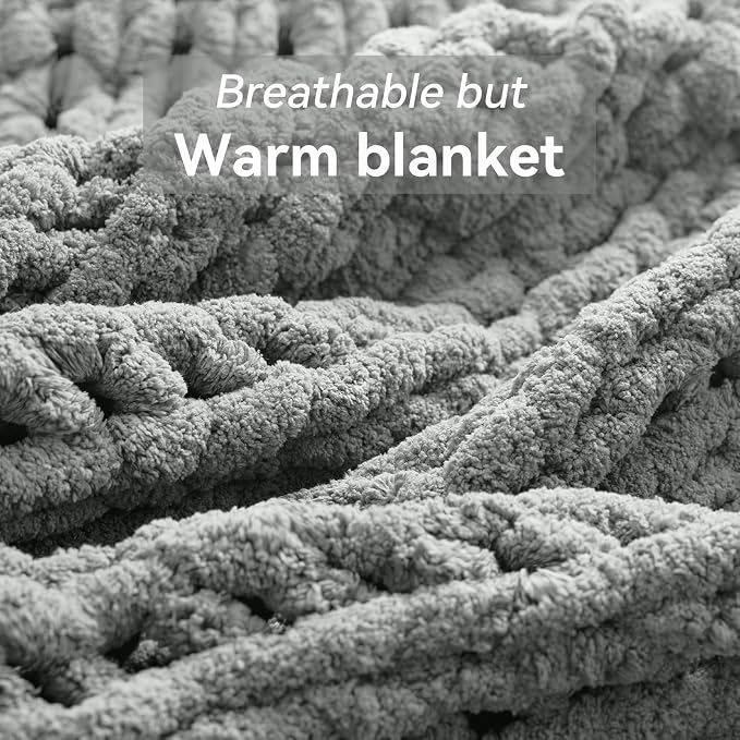 Negwoo Chunky Knit Throw Blanket, 50''*60'' Knitted Throw Chenille Yarn for Bed Couch, Handmade Light Grey Crochet Big Thick Blanket, Machine Washable Cute Comfy Blanket for Home Decor