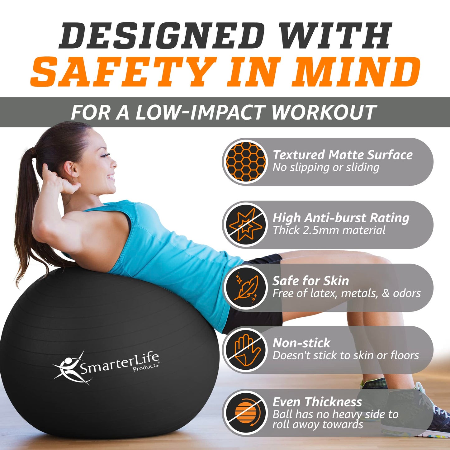 SmarterLife Exercise Ball Yoga Ball for Fitness, Balance, Stability, or Pregnancy, Gym Ball for Core Workout, Physical Therapy, Yoga Ball Chair for Office, Anti-Slip Anti-Burst (45 cm, Black)