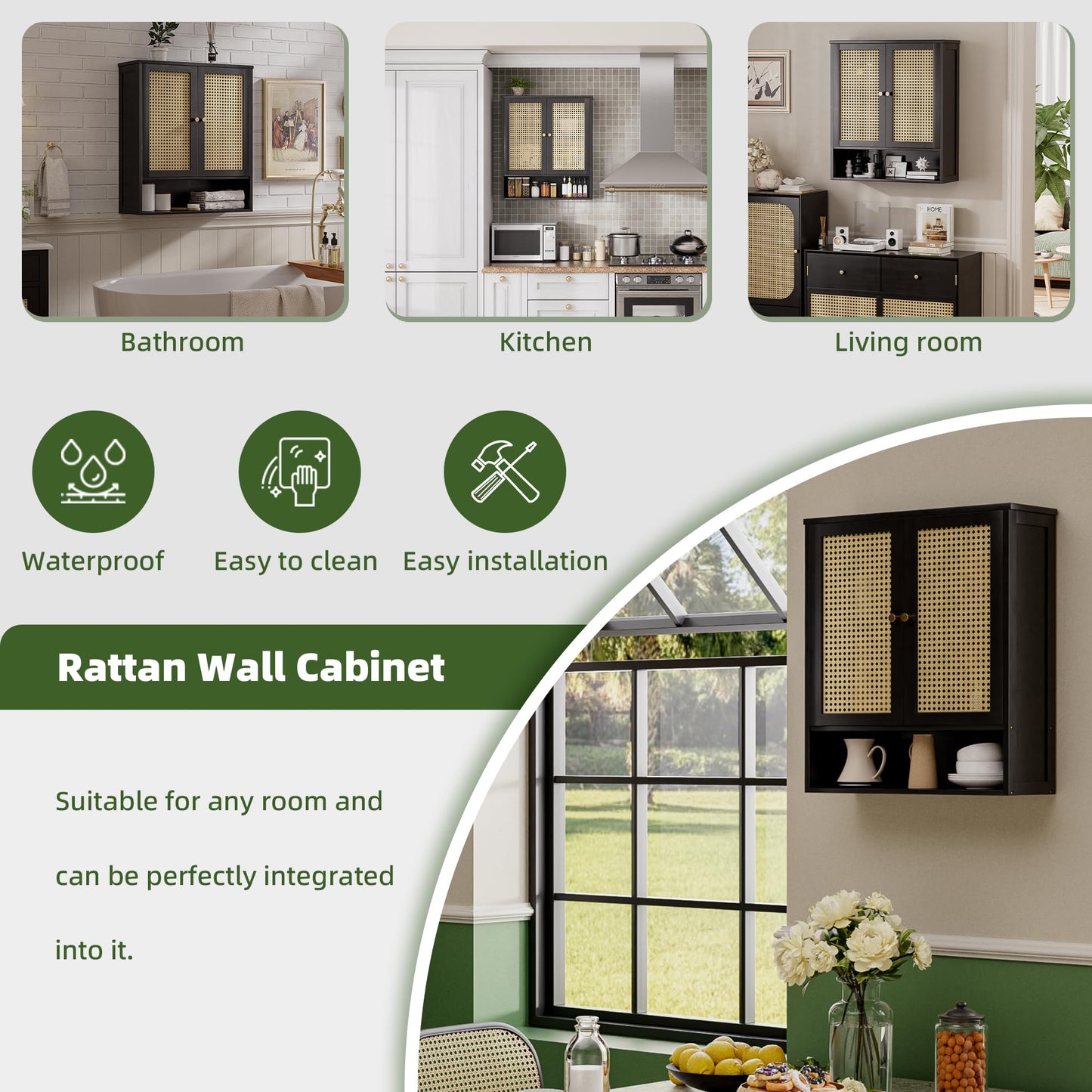 vovala Bathroom Wall Cabinet, Bamboo Over-The-Toilet Storage Organizer with 2 Rattan Doors and Adjustable Shelf, Space Saver Medicine Cabinet for Laundry, Kitchen, Living Room (Black)