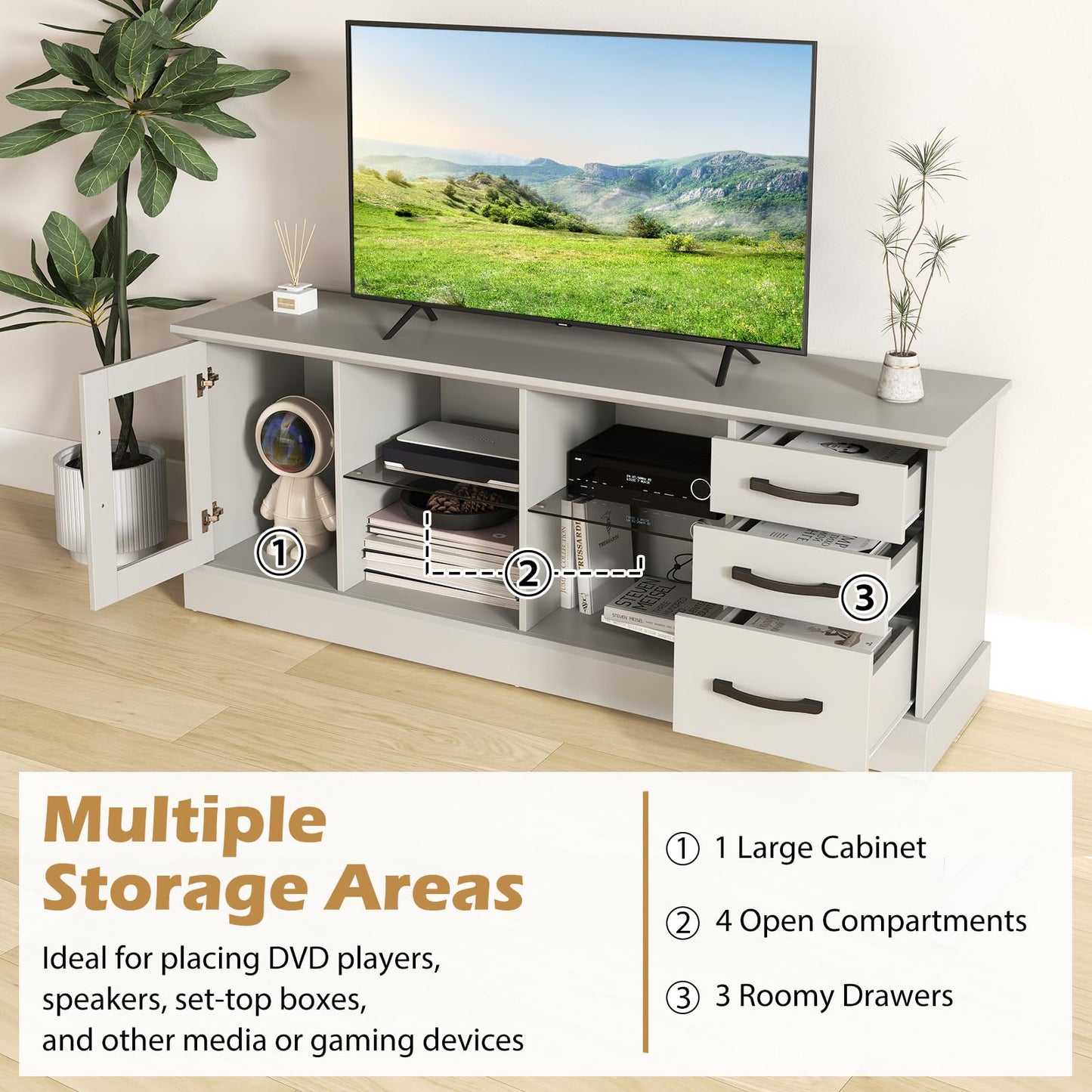 Giantex Farmhouse TV Stand for 73 Inch TV, Wood TV Console Table w/Removable Glass Shelves, Cable Management Holes & Drawers, Rustic Entertainment Center with Storage for Living Room, Bedroom, Grey