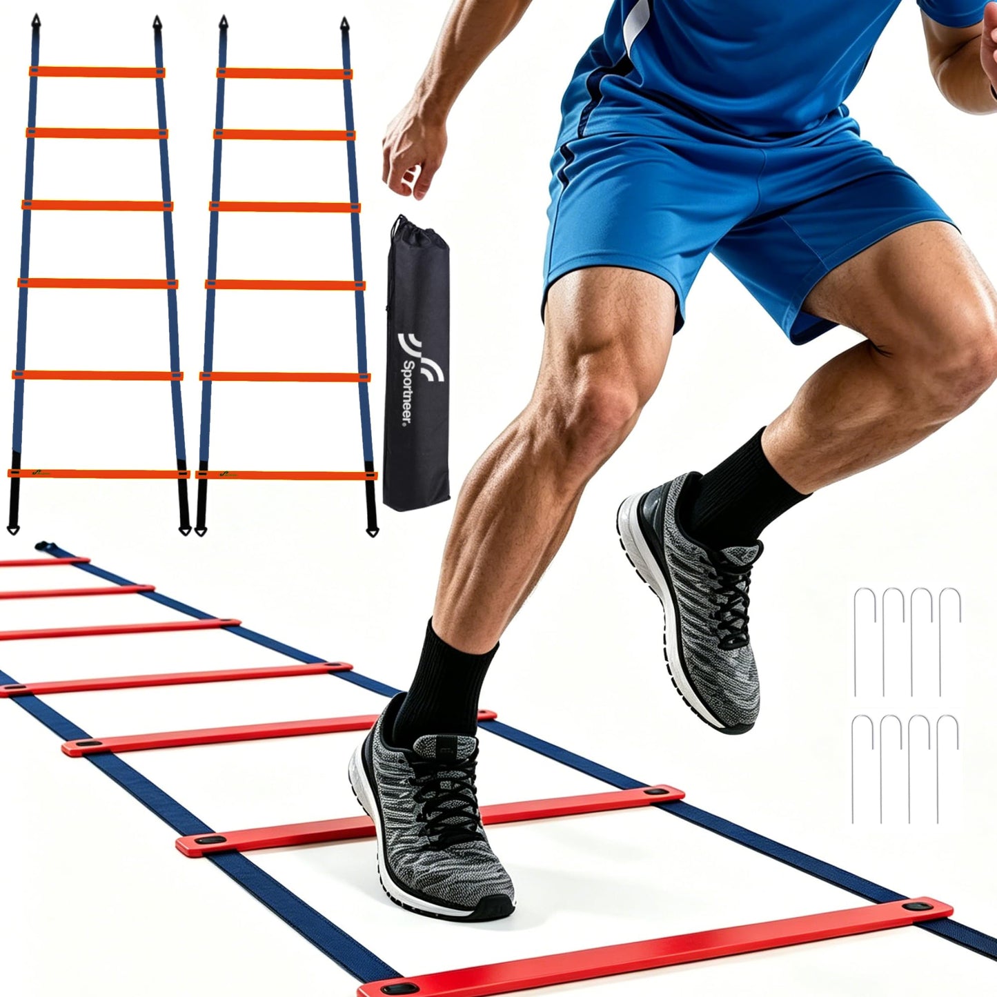 Sportneer Agility Ladder Speed Training Set 12 Rungs 20ft Detachable Exercise Ladders in 2pcs (6 rungs Each) with Ground Stakes for Soccer Football Footwork Training Ladder with Carry Bag (Orange)