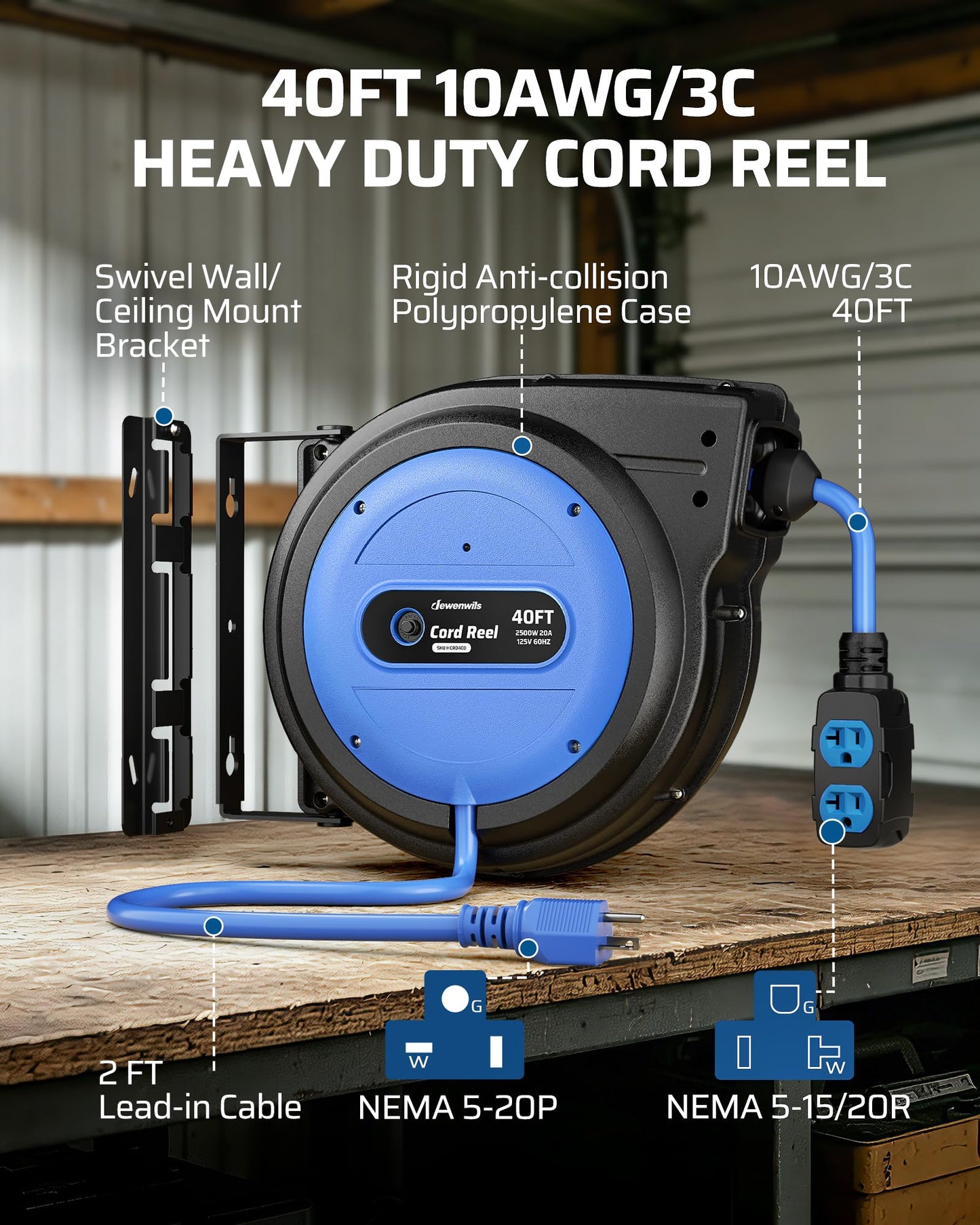 DEWENWILS 20 Amp Retractable Extension Cord Reel, 40FT 10AWG SJTOW Heavy Duty Extension Cord, Auto-Rewind No-Tangle, Circuit Breaker, 4 Outlets for Garage Shop, 2500W, Blue