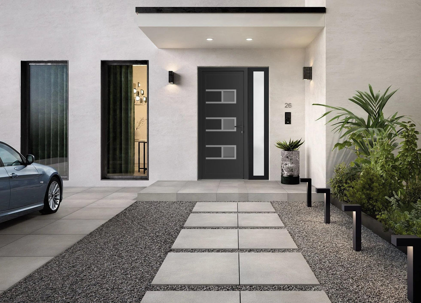 VDOMDOORS Front Exterior Prehung Metal-Plastic Door Frosted Glass | Manux 8933 Matte Black | Side Sidelite Transom | Residential Doors Entrance Patio Garage 42 x 80 (W30+12 x H80) Left-Inswing