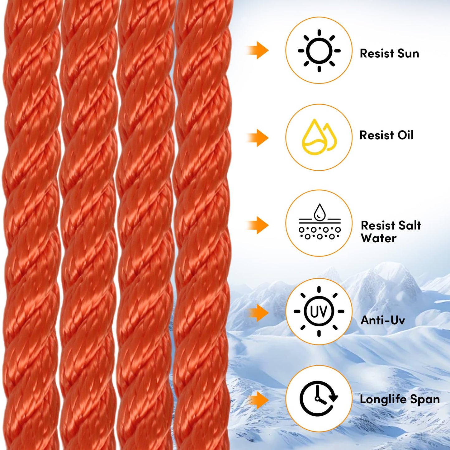Anchor Rope 50 ft X 1/2 inch, 3-Strand Twisted Nylon Anchor Line, Boat Rope with Stainless Steel Thimble and Shackle for Boating, Anchoring, Mooring,Pulling (Orange)