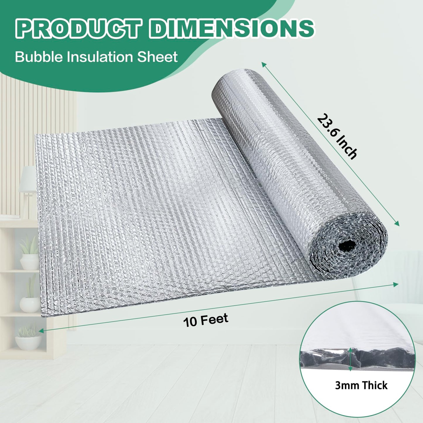 Reflective Bubble Insulation Sheet, Double Side Aluminum Foil Bubble Shield, Aluminum Foil Thermal Insulation Radiant Barrier for Windows, RV, Roof, Garage Door (23.6IN X 10FT)