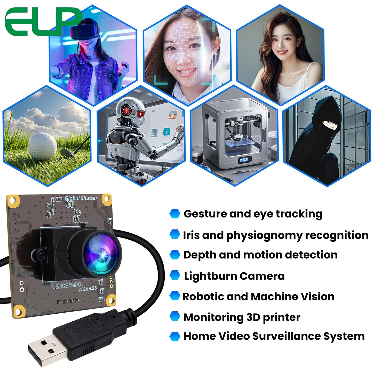 ELP 5MP Global Shutter 50fps USB Camera Module for Computer UVC USB2.0 Lightburn Cam for Laser Engraver High Speed 60fps PC Camera Wide Angle Webcamera for Live Streaming (100°Low Distortion Lens)