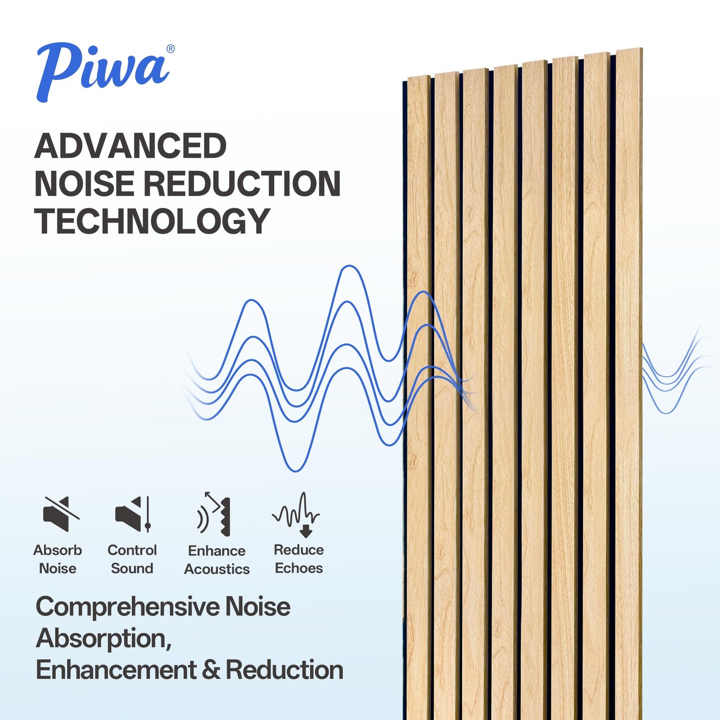 PIWA Wood Slat Acoustic Wall Panels, 10 Packs 23.6" x 11.8" Oak Soundproof Panel for Interior Wall Decor Noise Absorbing-3D Textured Wooden Panel Sound-Absorbing for Home, Office, Studio