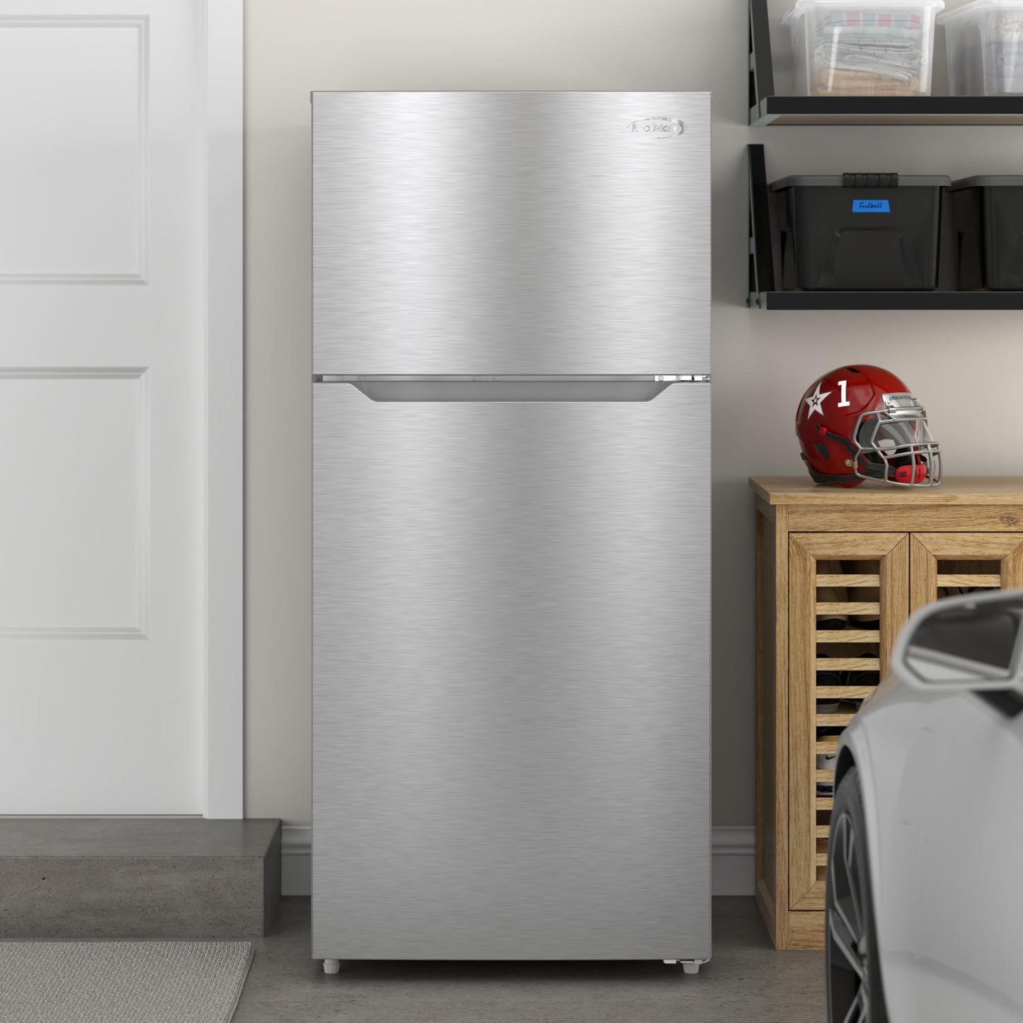 KoolMore 28 Inch 14 Cu Ft Top Freezer Refrigerator, Stainless Steel, Freestanding Full Size Fridge Freezer for Home Kitchen or Garage