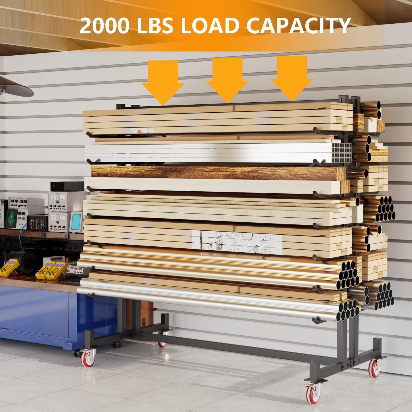 Lumber Storage Rack, 2000lbs Heavy Duty Freestanding Pipe Rack with 7 Tiers, Double-Sided Wood Storage Shelves with 4 Silent Casters, for Garage Workshop Basement, 59.84"L x 35.43"W x 65.74"H, Black