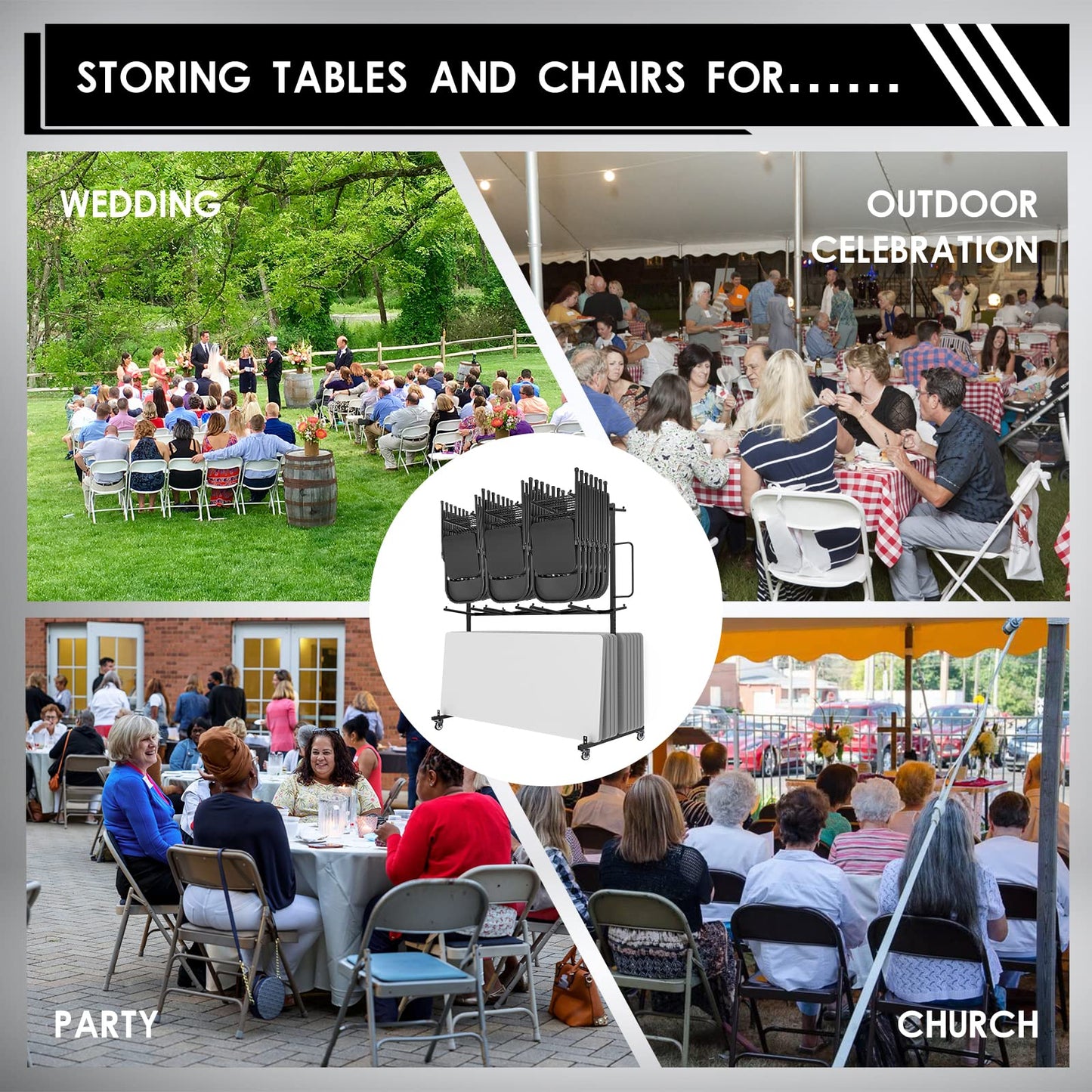 Folding Table And Chair Cart,Two Tier Folding Chair And Table Storage Rack With 800LBS Capacity For 84 Folding Chairs Heavy Metal Folding Chair Holder Rack with Rubber Locking Wheels,Straps and Cover