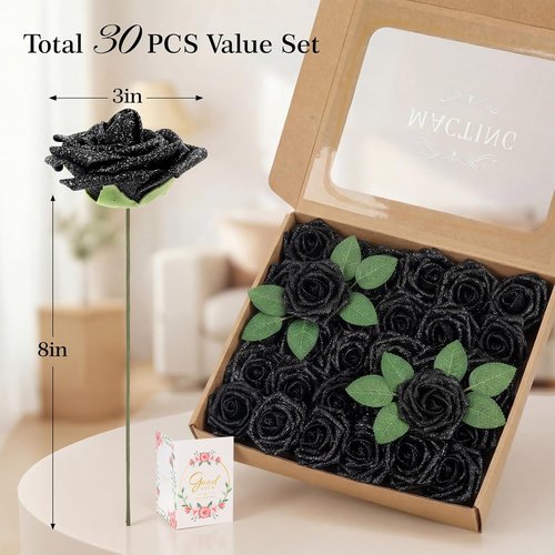 MACTING 30PCS Real Touch Foam Roses - Black Glitter Artificial Flowers for DIY Wedding Bouquets & Home Decor