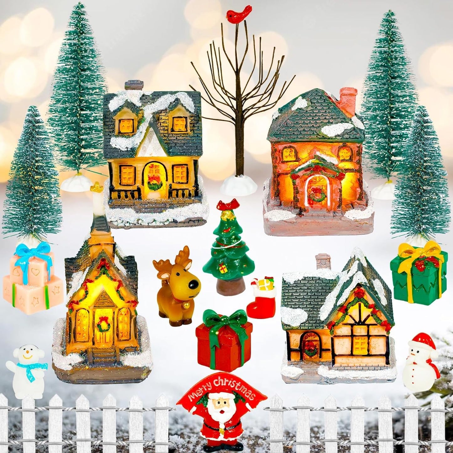 Warmtree Christmas Village Houses Set - 22 Pcs Resin Figurines with Santa, Tree & Picket Fence for Holiday Decor