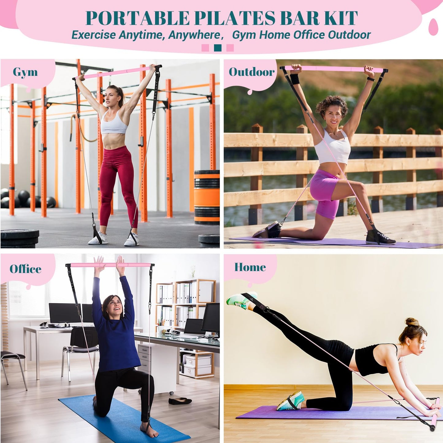 Pilates Bar Kit with Resistance Bands, Multifunctional Yoga Pilates Bar with Heavy-Duty Metal Adjustment Buckle, Portable Home Gym Pilates Resistance Bar Kit for Women Full Body Workouts -Pink
