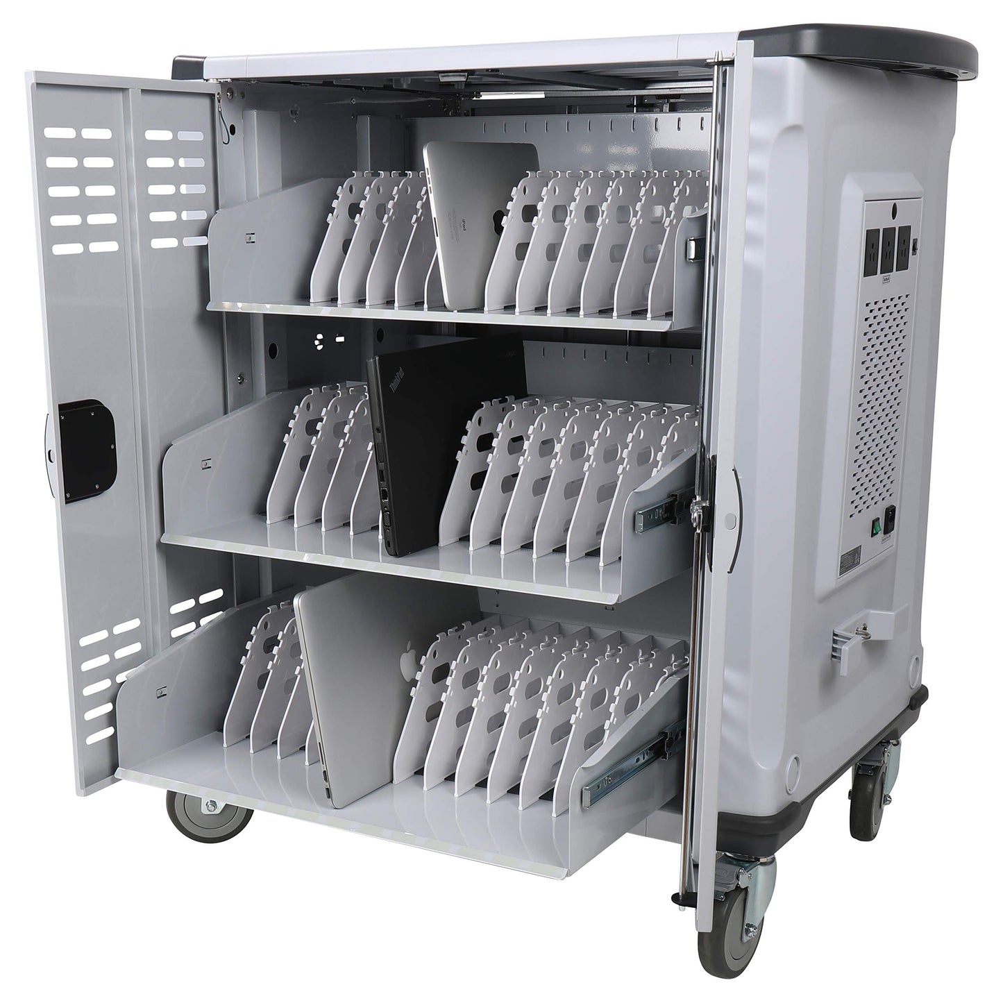 Pearington - MN142VS Premium Fully Assembled Heavy-Duty Smart Charge 42 Device Mobile Storage Cart w/3 External Outlets, 4 Point High Security, Up to 15.6" Screen Size, 3 Pull-Out Shelves