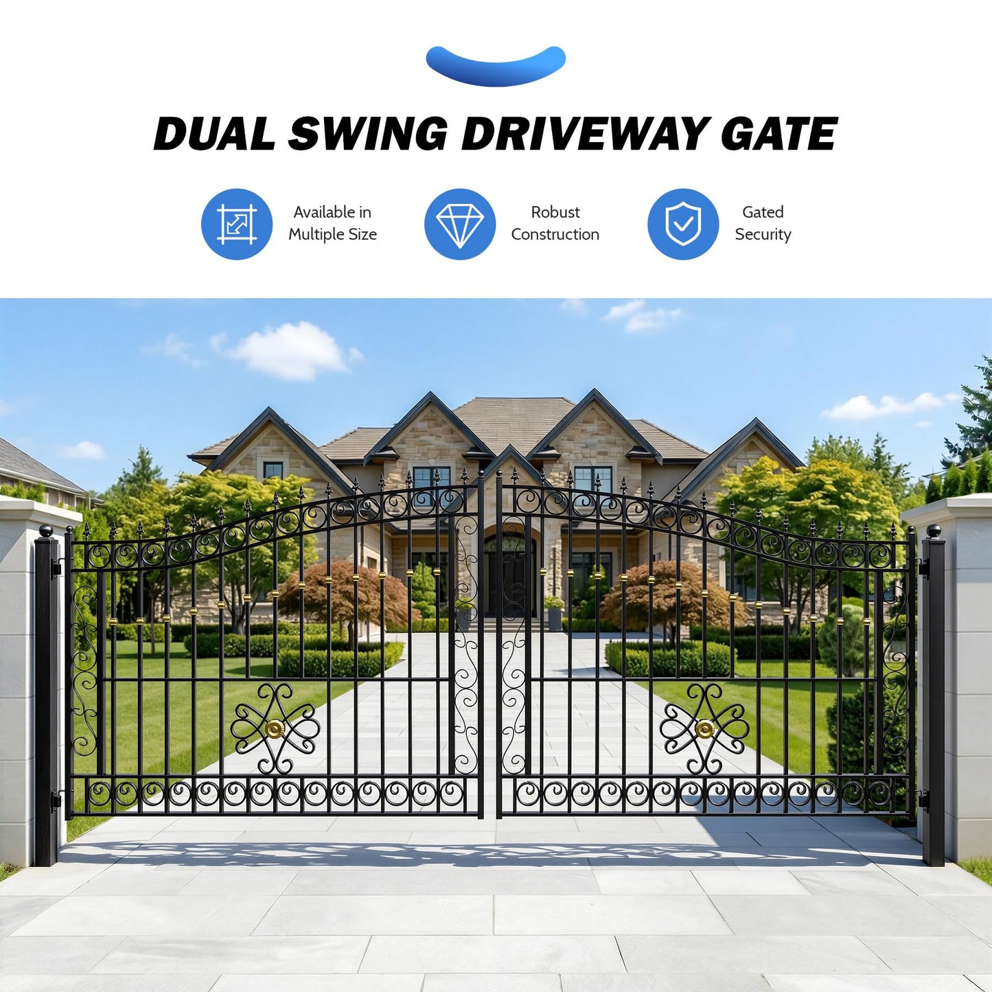 ZUMI Dual Swing Driveway Gate, 16x6 ft Heavy-Duty Galvanized Steel Security Gate Kit for Home Garden Yard & Family Safety, Outdoor Arched Swing Gate with Scrollwork & Gold-Tone Finials