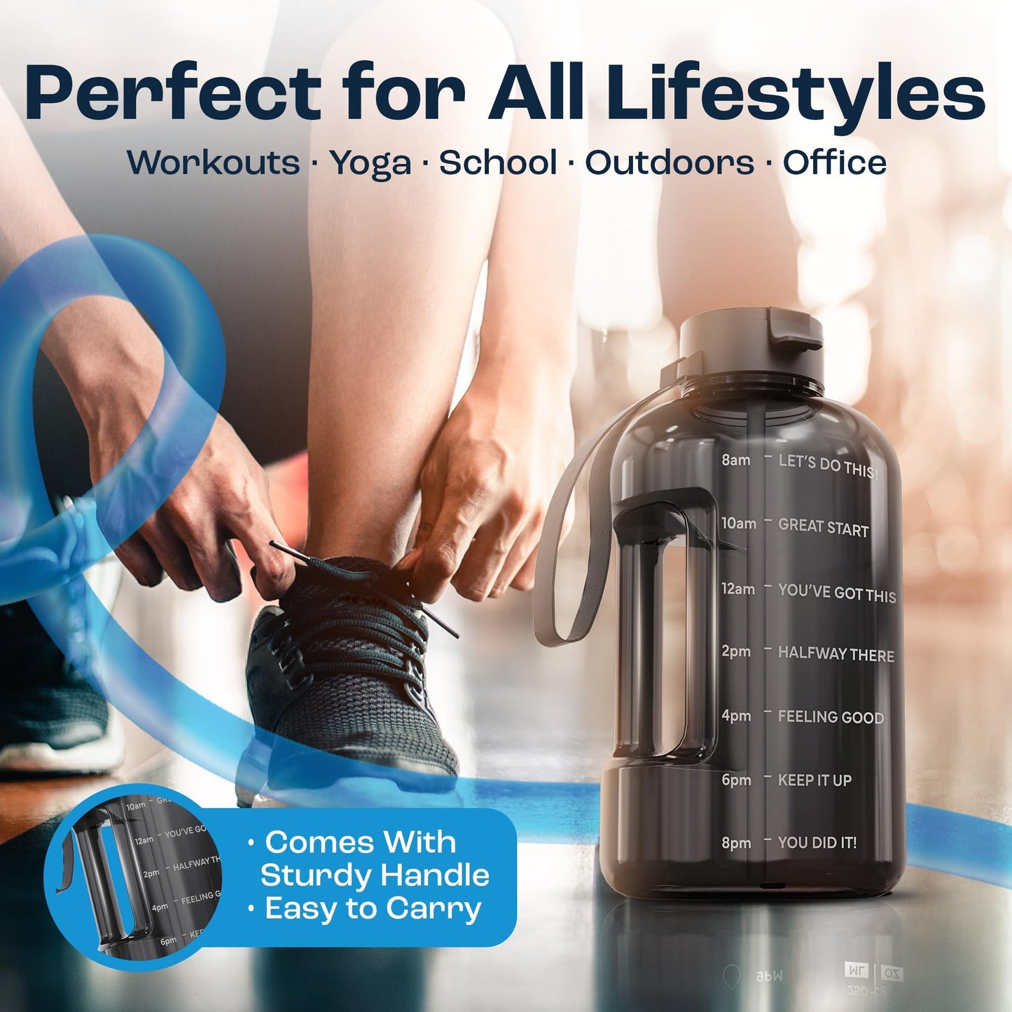 AQUAFIT Half Gallon Water Bottle with Time Marker - Straw & Chug Lid - BPA Free Gym Water Bottle with Straw - Big Gallon Jug (Blue, 64 oz - 2 Lids)