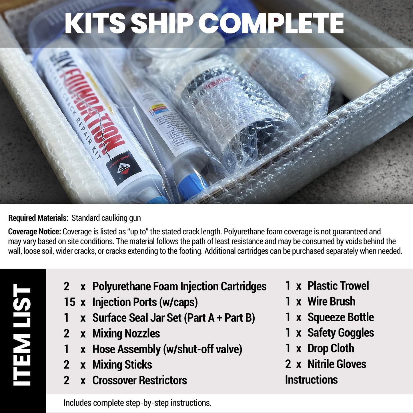 RadonSeal Complete DIY Foundation Crack Repair Kit - 10 Ft - Low-Viscosity Urethane Injection Sealant for Crawl Spaces & Concrete Basement Walls, Stops Water Leaks, Drill-Free Filler