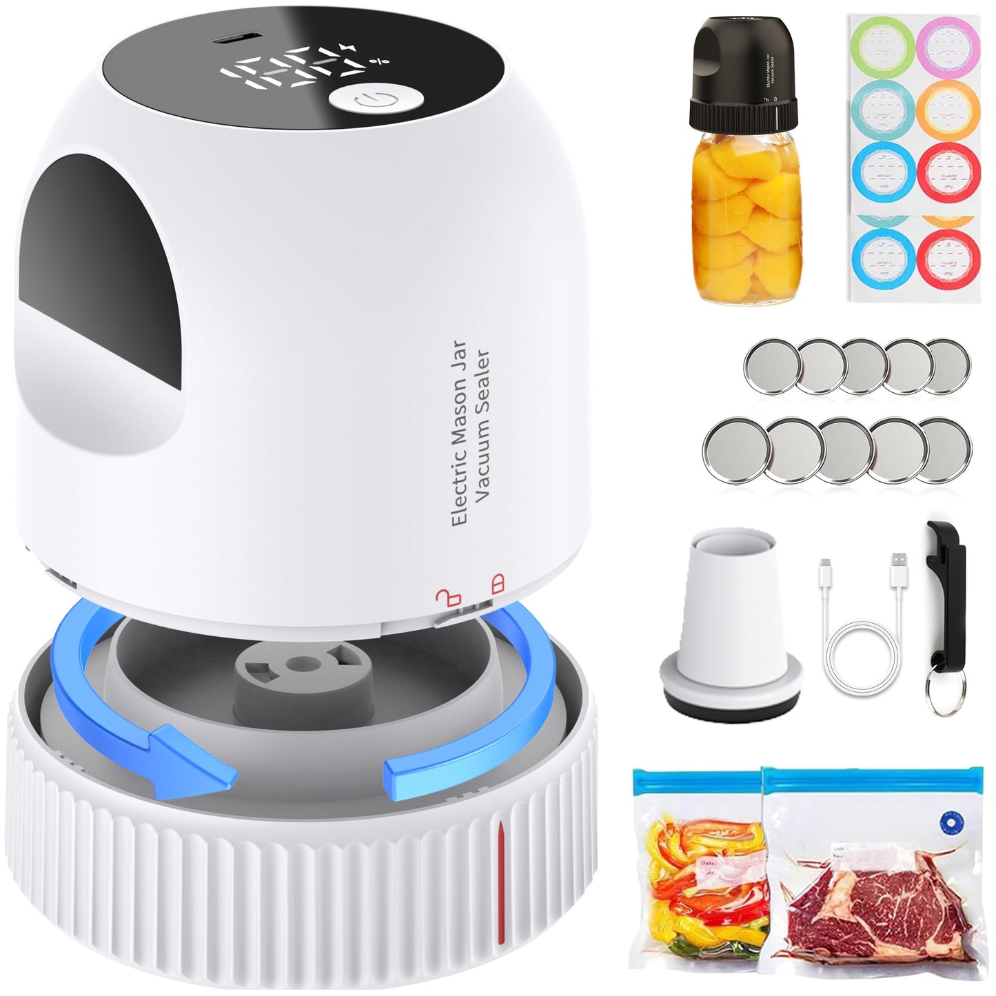 3 in 1 Electric Mason Jar Vacuum Sealer Kit, Auto Stop Jar Vacuum Sealer for Mason Jar Wide & Regular Mouth & Sous Vide Bags Compact vacuum sealer for Food White