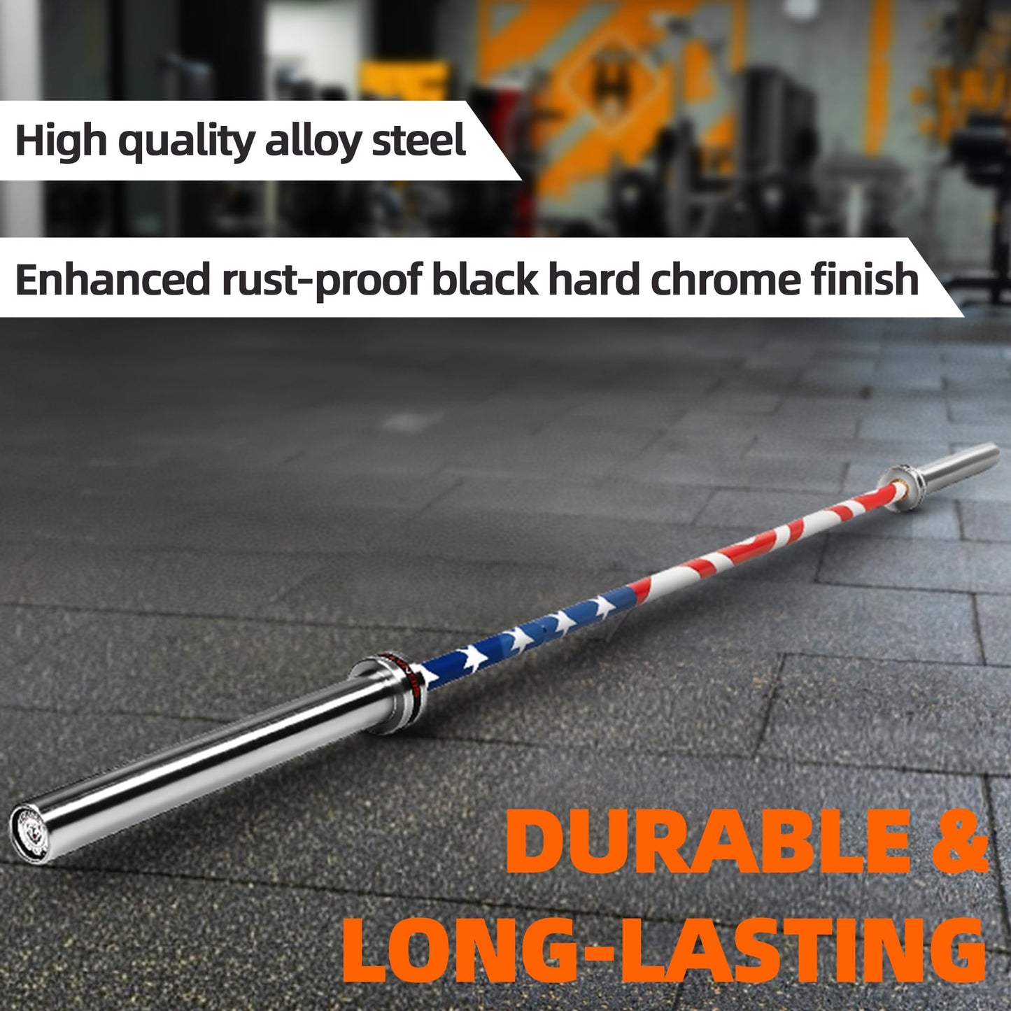 Fitvids 7ft Olympic Barbell 45LBS for Weightlifting and Powerlifting, 2 Inch Strength Training Bar with Needle Bearings, 190K PSI Tensile Strength Rated 1500 LBS Capacity, Flag