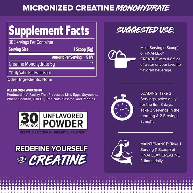 FINAFLEX Pure CREATINE, Unflavored - 5.3 oz - Promotes Muscular Strength, Size & Performance - 100% Pure, Micronized Creatine Monohydrate - NSF Certified - 30 Servings