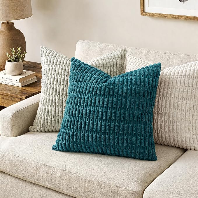 MIULEE Pack of 2 Corduroy Decorative Throw Pillow Covers 20x20 Inch Soft Boho Striped Pillow Covers Modern Farmhouse Home Decor for Summer Coastal Sofa Living Room Couch Bed Teal