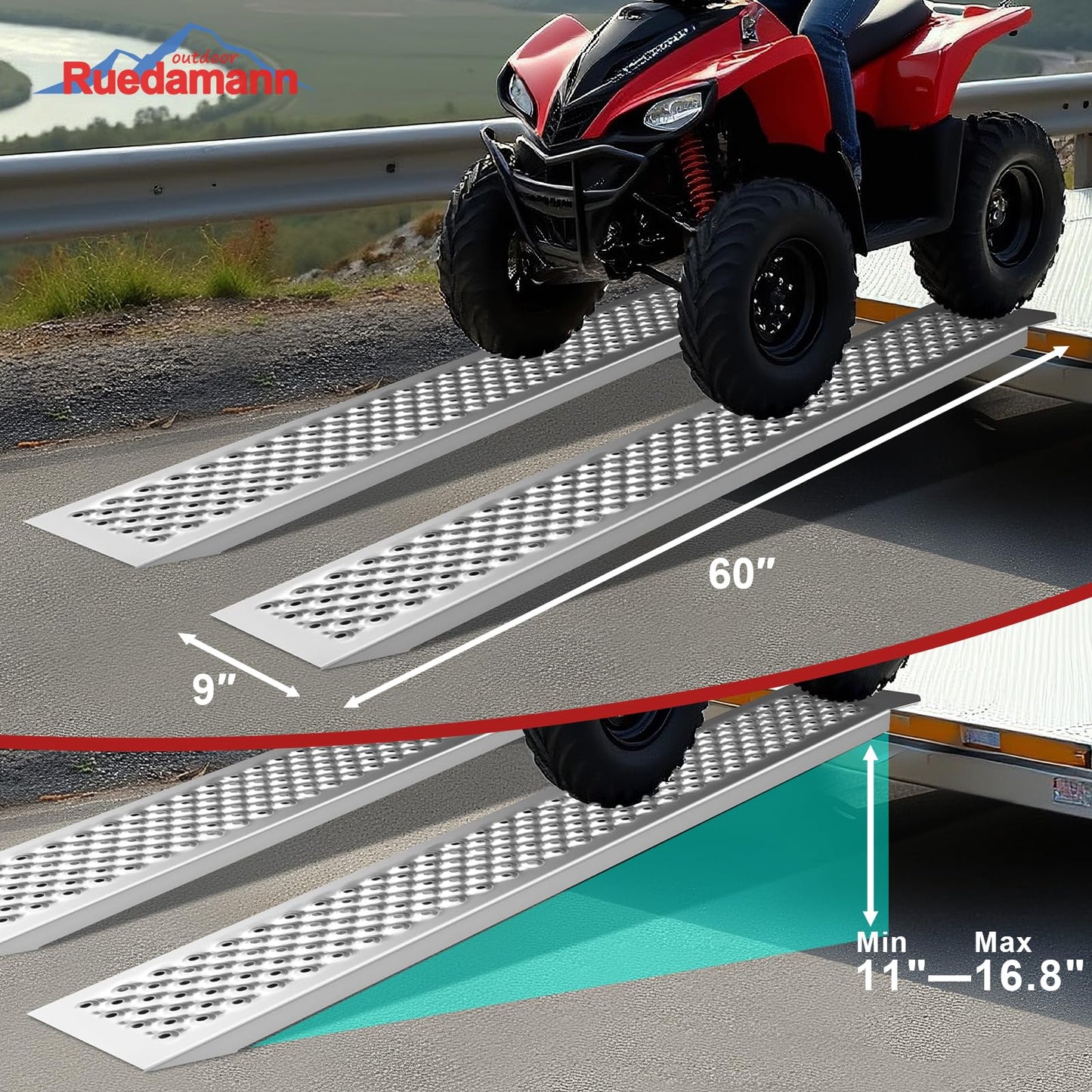 Ruedamann 2PCS 5FT Aluminum Shed Ramps, Rust Proof, Heavy Duty 880 lbs Capacity, 9'' Wide Loading Ramps for Lawn Mower, UTV, ATV Ramp for Trailer, Shed Ramp for Trailers, Riding Mowers, Motorcycles