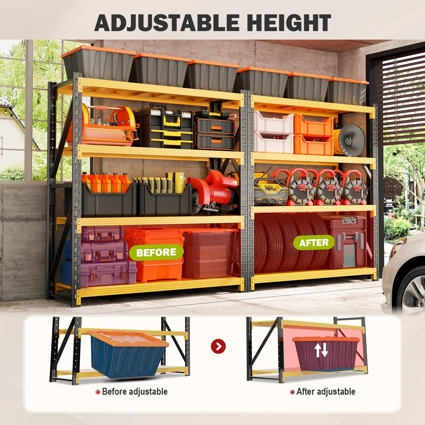 SXJJAR 48” W Storage Shelves 4000LBS Garage Metal Shelving Heavy Duty 4-Tier Adjustable Storage Shelves Industrial Shelving Unit for Garage, Basement, 48" W X 24" D X 79" H Yellow