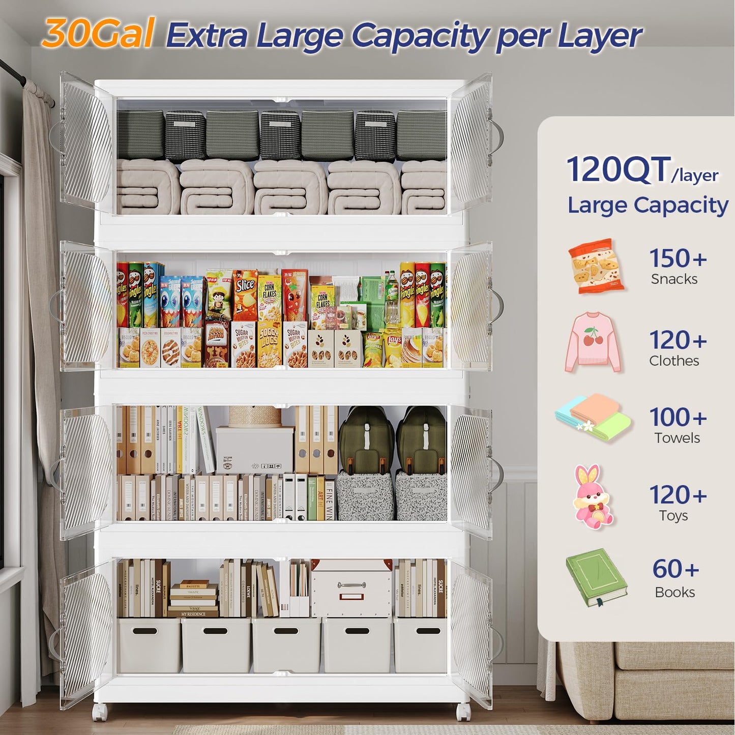 HOCRYPTA 150Gal/600QT 5-Tiers Extra Large Stackable Storage Bins with Lid, Collapsible Cabinet Closet Organizer Plastic Container Box with Wheels Doors Drawers for Living Room Kitchen Office, White