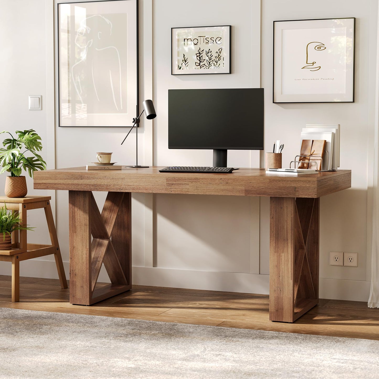 LITTLE TREE 63-Inch Computer Desk, Simple Thick Appearance, Study Gaming Writing Workstation Executive Office Desk for Home, Study Room, Office, Rustic Brown
