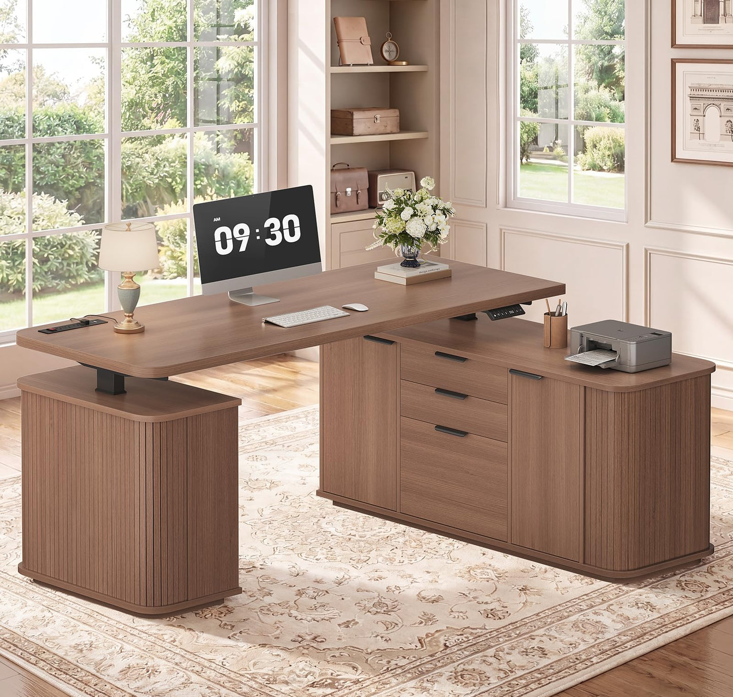 L Shaped Electric Standing Desk, 55.1" x 47.2" Height Adjustable Office Executive Desk with File Drawer & Sliding Door, Standing Computer Desks with Power Outlet & Cabinets, for Home Office, Walnut