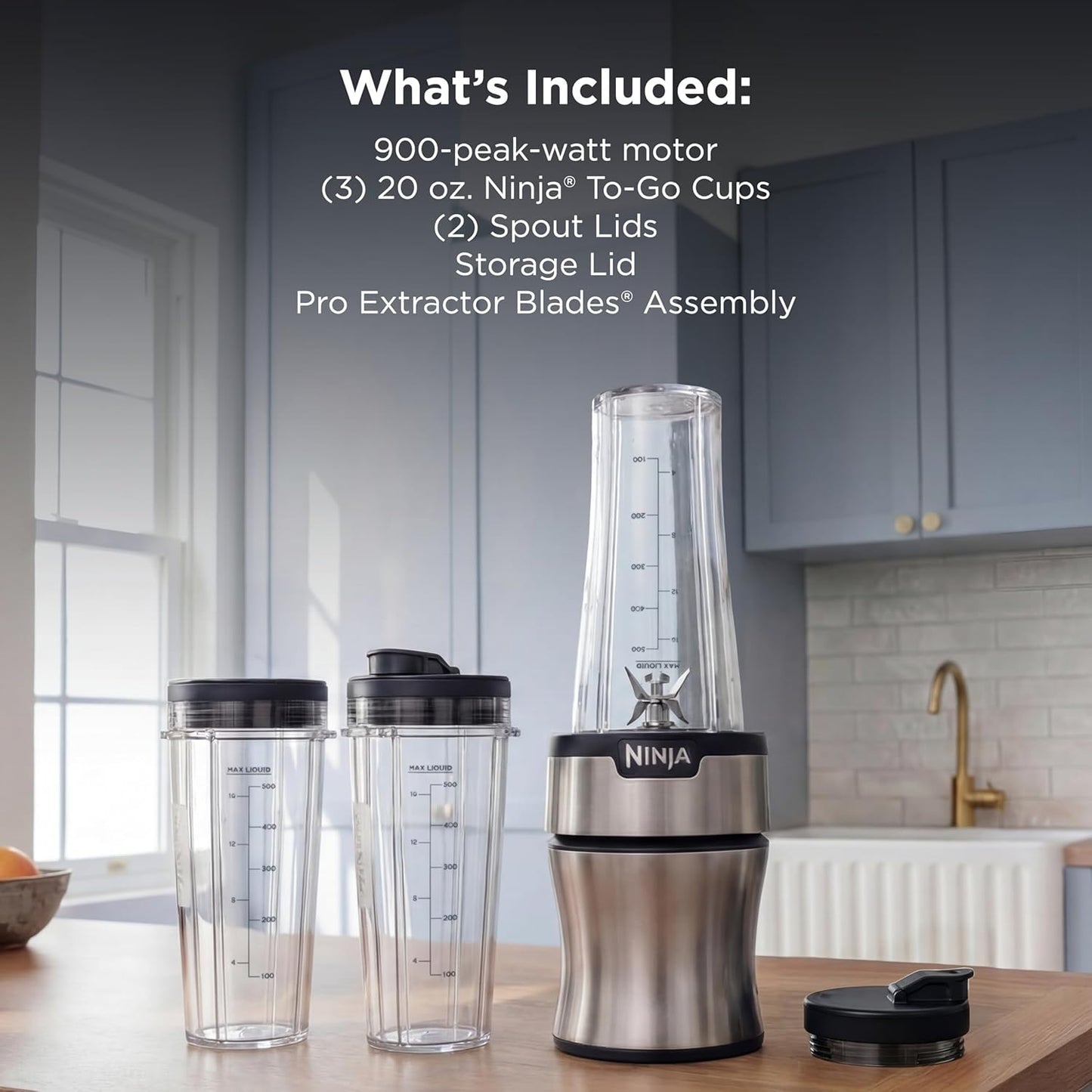 Ninja Nutri-Plus Personal Blender - Compact Push-To-Blend for Smoothies & Frozen Drinks | 900W | Silver | Includes 3 To-Go Cups & Lids