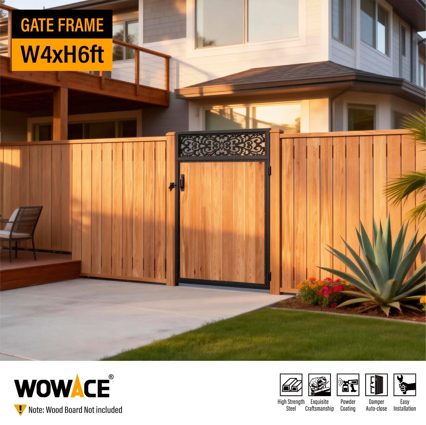 WOWACE 4x6FT Fence Gate Frame Kit 201 Stainless Steel Heavy Duty Garden Gates Anti-Sag Backyard Front Gate Reinforcement Hardware, Left/Right Mount (No Wood Planks Included)