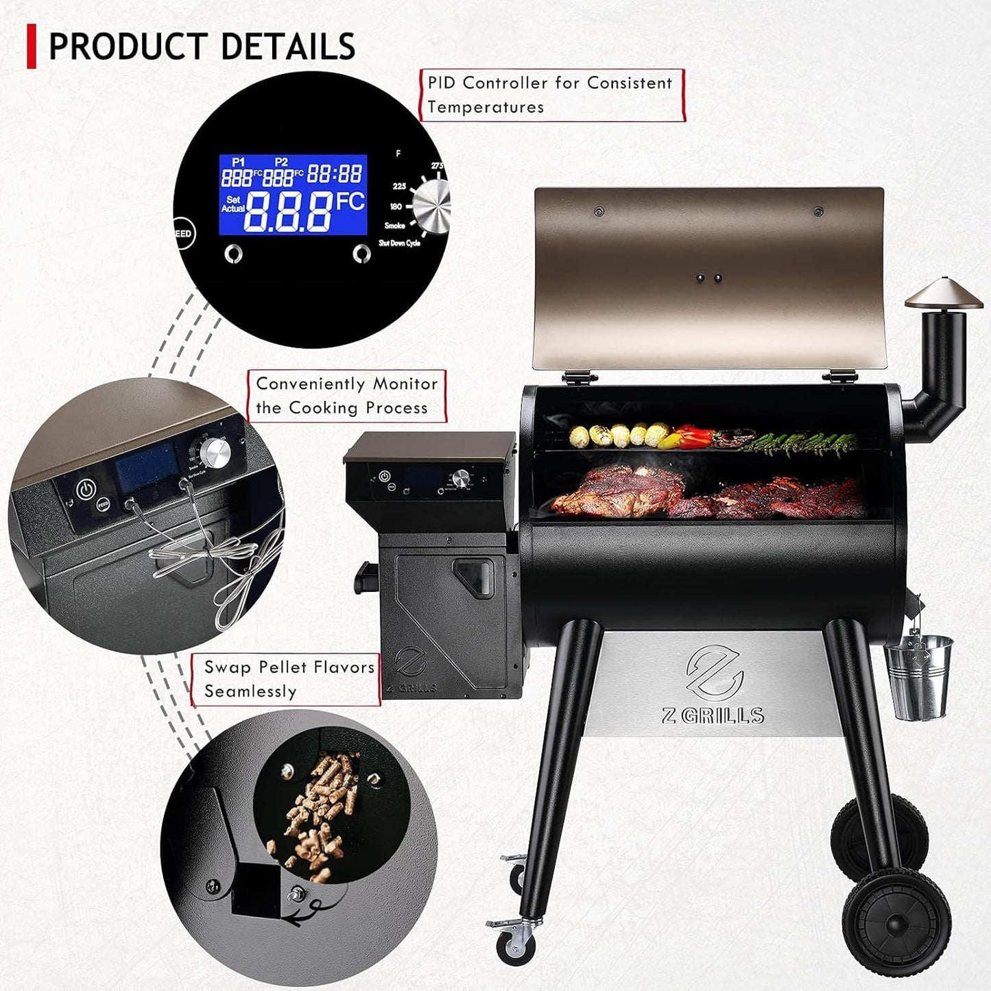 Z GRILLS 2025 Upgrade 8-in-1 Electric Wood Pellet Grill & Smoker with PID V3.0 Controller, LCD, 697 Sq In,Meat Probes, Easy Hopper Clean-out & Grill Cover