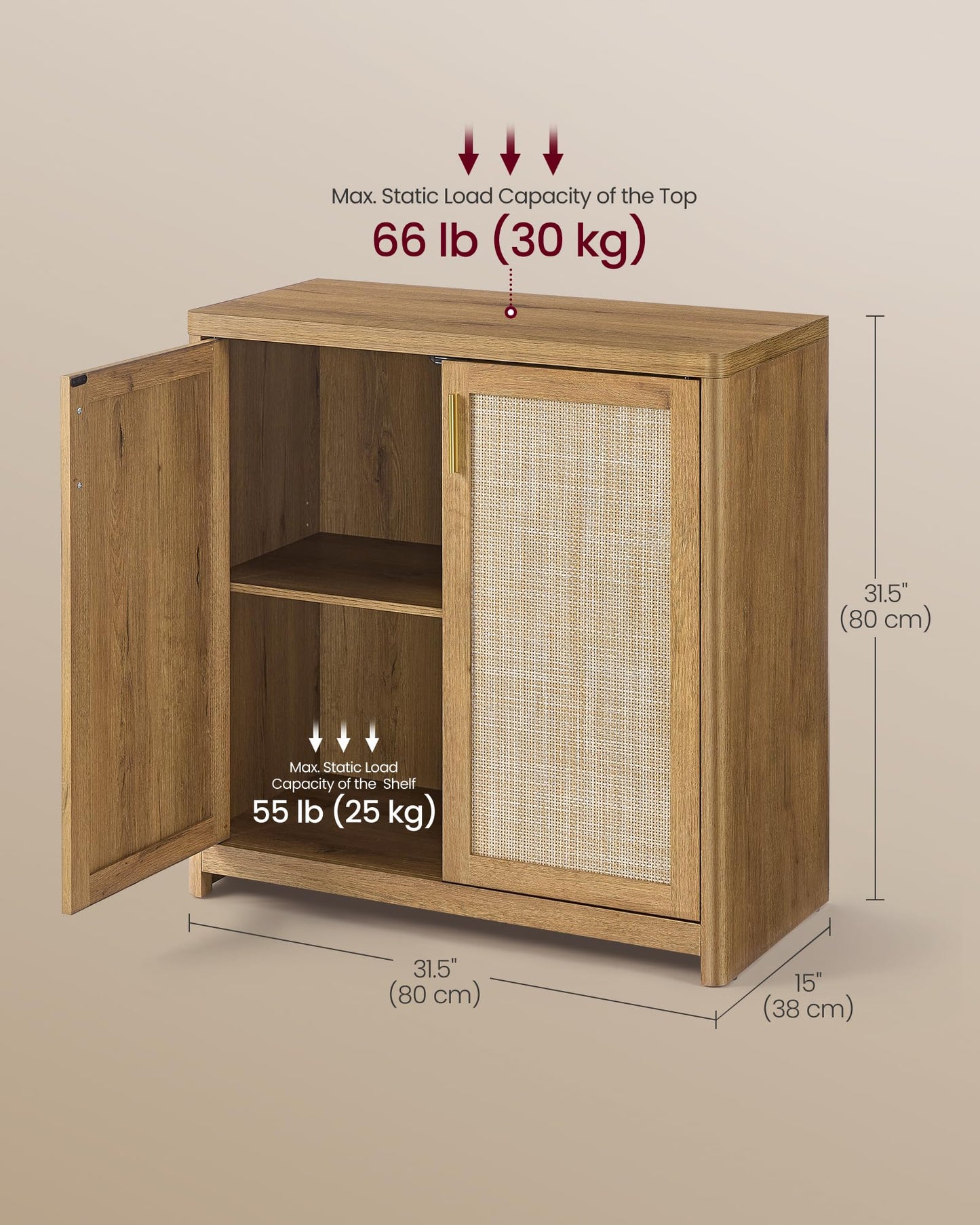 VASAGLE ELLAN Collection - Boho Buffet Cabinet with Rattan-Look Doors, Sideboard Storage Cabinet, Rounded Corners, Adjustable Shelf, for Kitchen, Natural Brown UBBK345KC01