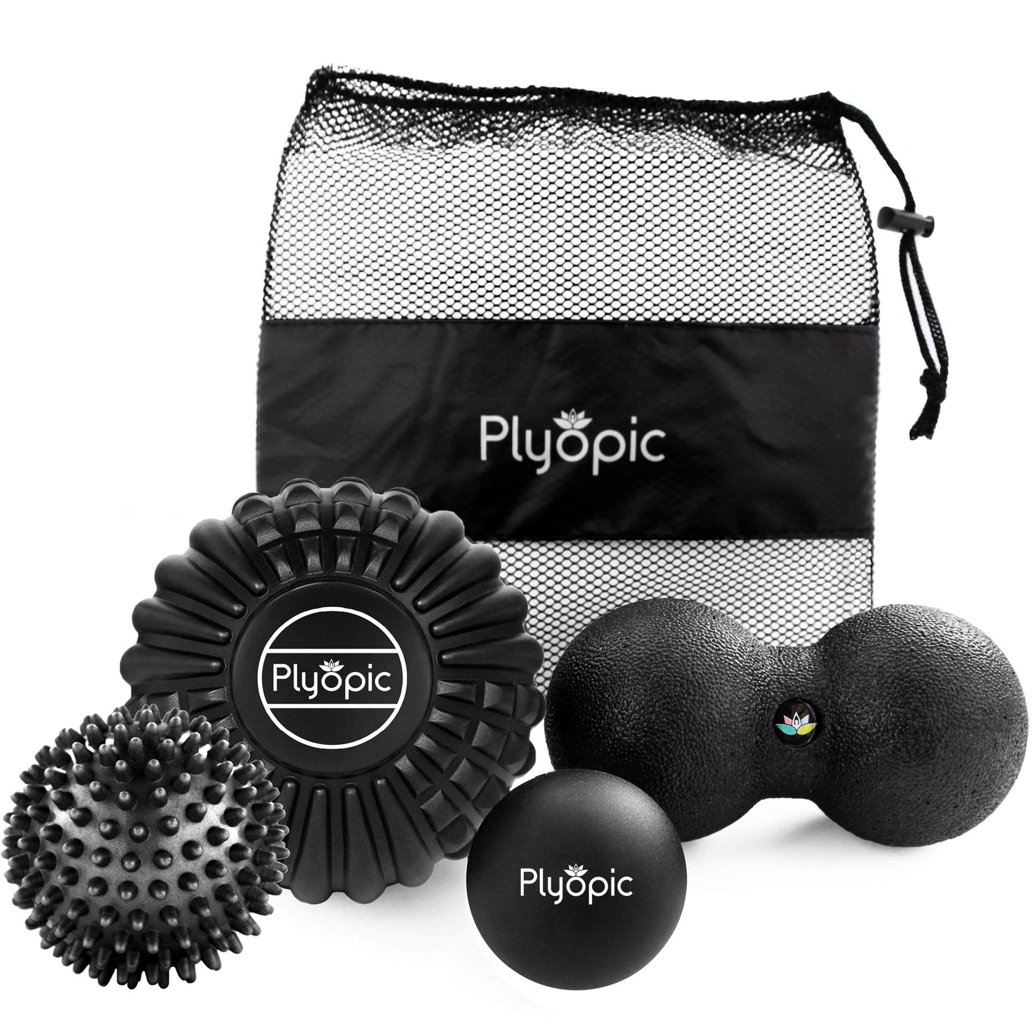 Plyopic Deep Tissue Massage Ball Set – Set of 4: Lacrosse, Spiky, Peanut and 5” Foam Roller Massager Balls for Muscle Massage, Mobility, Trigger Points and Myofascial Release