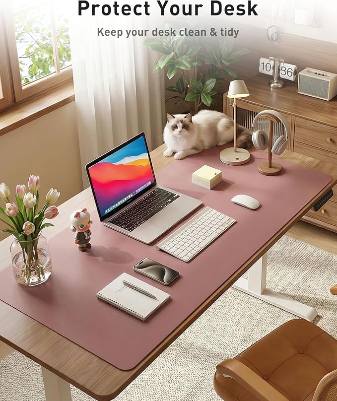 Aothia Faux Leather Desk Mat - Large Mouse Pad, Non-Slip PU Leather Blotter, Waterproof Writing Surface for Office and Home (Dark Pink, 42" x 17")