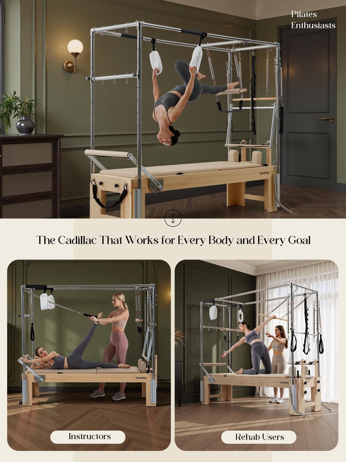 LeisureKing 3-in-1 Pilates Reformer, Wooden Pilates Machine Equipment with Cadillac Trapeze Table & Tower, Studio Grade Reformer Workout Equipment for Home Gym with All Accessories, Beige