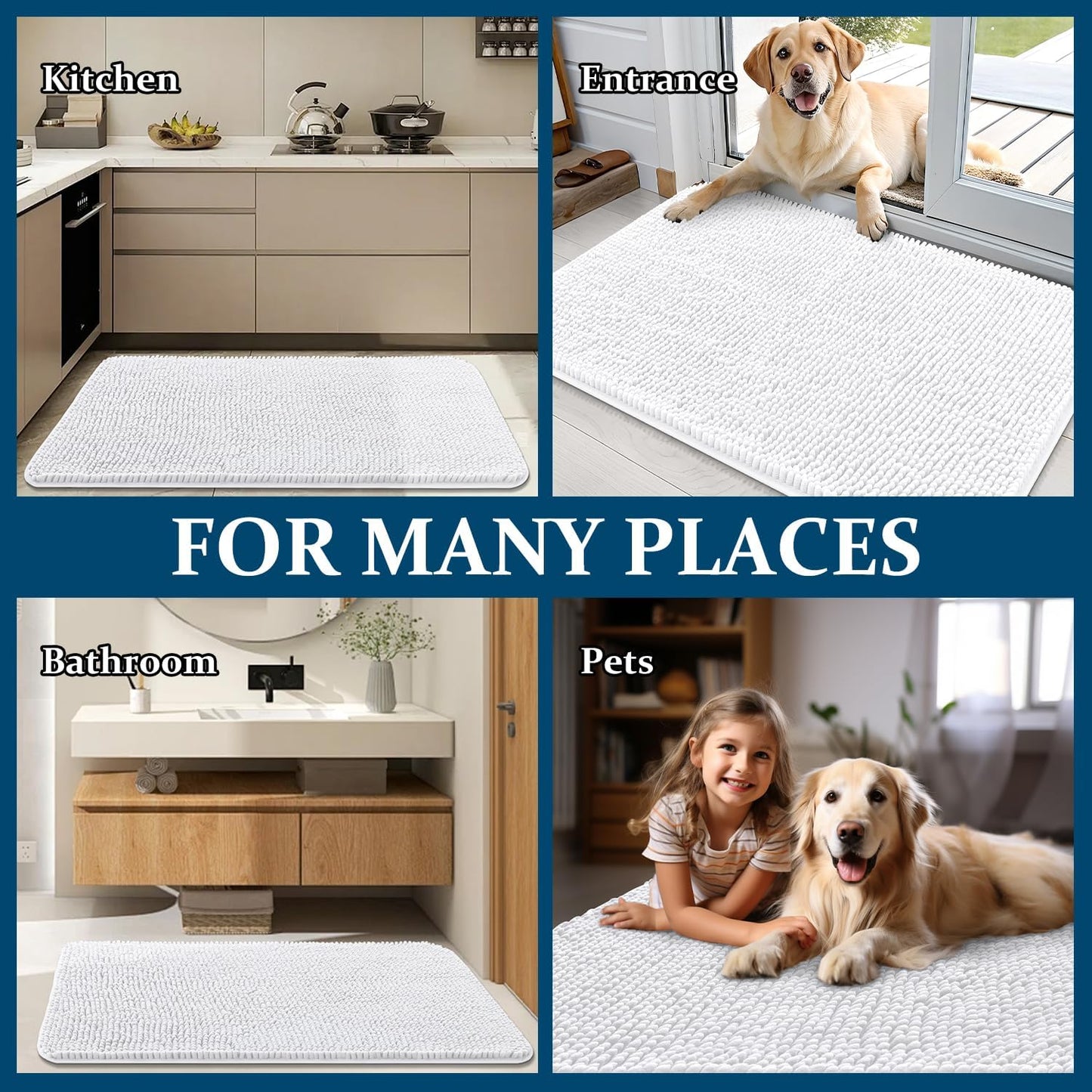 OLANLY Dog Door Mat - Absorbent Non-Slip Washable Chenille Mat for Muddy Paws | 59x32 Inches, White