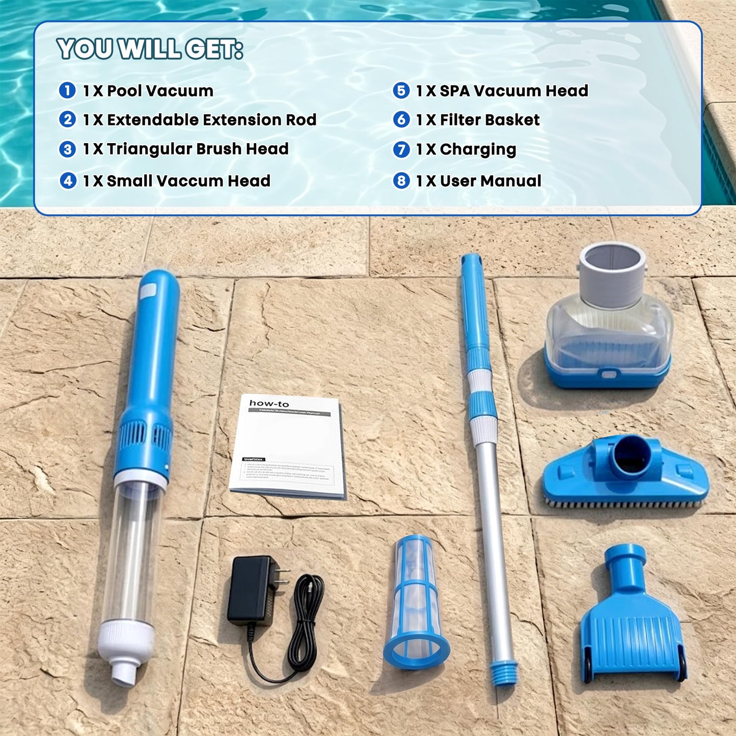 3-in-1 Cordless Pool Vacuum for Above Ground Pool, Handheld Spa Hot Tub Vacuum with 3 Brush Heads, 9.25 GPM Powerful Suction, 70 Mins Running Time, 6.04Ft Max Working Depth, Ideal for Leaves, Debris